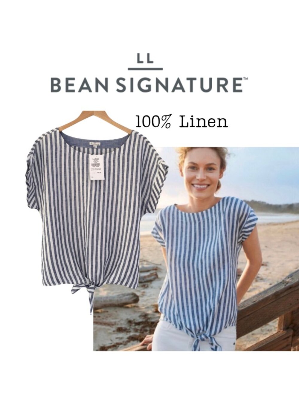 L.L. Bean Signature Linen Top NWT Short-sleeve Blue and White Stripe Coastal | L